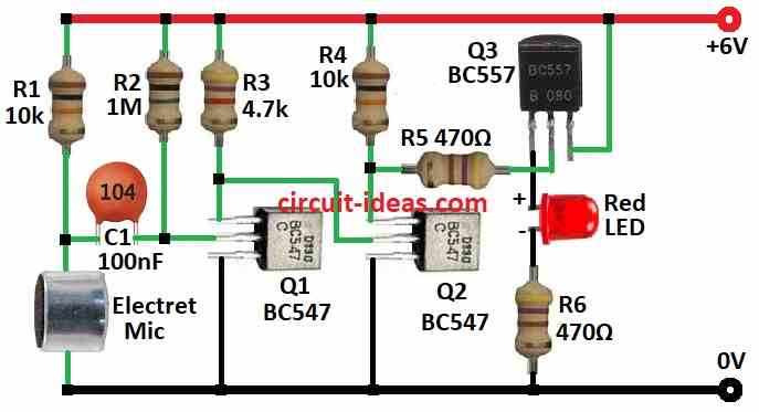 Sound to Light Converter Circuit Diagram using Electret Mic: