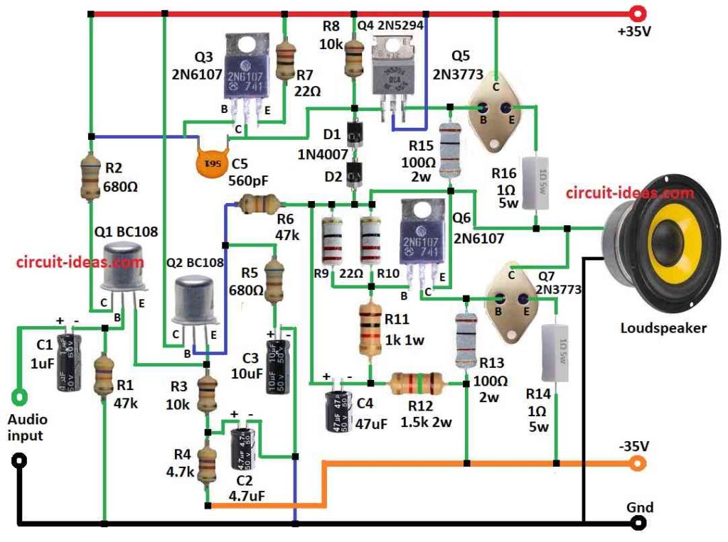 100 Watt Audio Amplifier Circuit  Diagram using Transistors