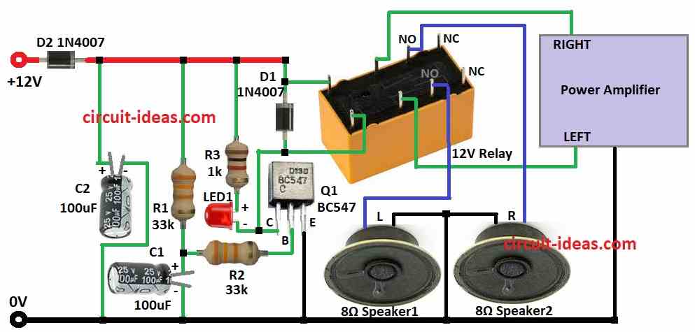 Amplifier Speaker Turn-On Delay Circuit Diagram