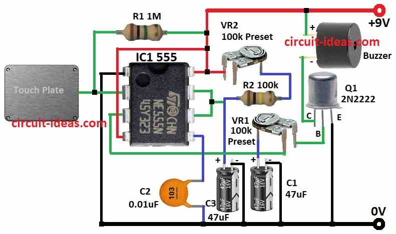 Simple Touch Alarm Circuit Diagram using IC 555