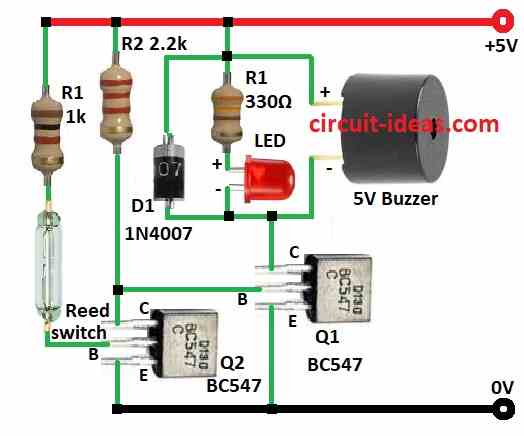 Simple Door Open Alarm Circuit Diagram using Reed Switch