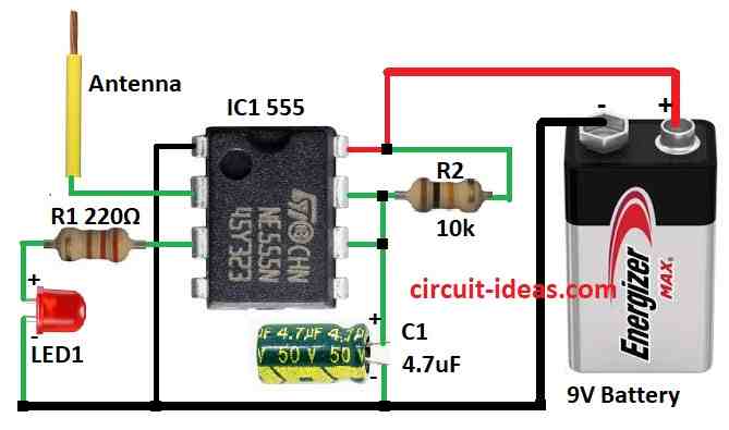 Simple Non-Contact 220V AC Detector Circuit Diagram using IC 555