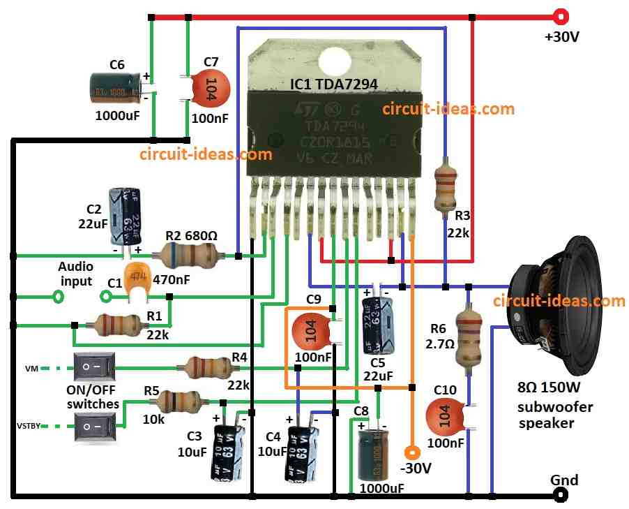 Simple Subwoofer Amplifier Circuit Diagram using IC TDA7294