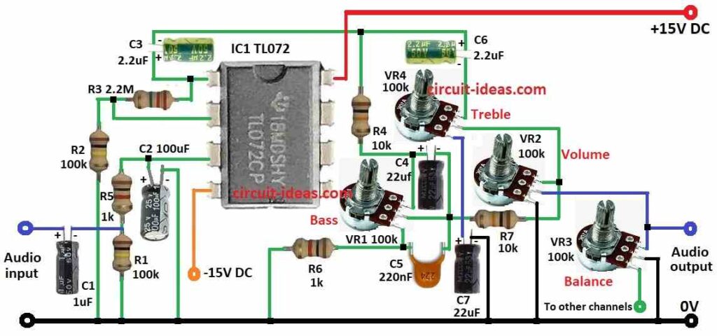 Simple Tone Controller Circuit Diagram using IC TL072 Op-amp