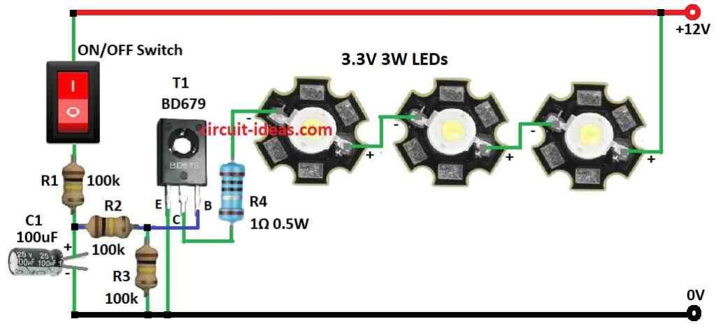 Simple Fade On Fade Off LED Circuit Diagram