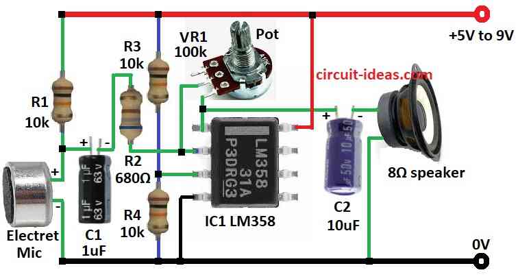 Simple MIC Amplifier Circuit Diagram using IC LM358