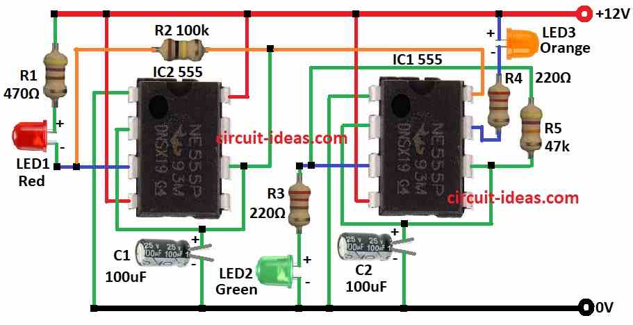 Simple Traffic Signal Lights Circuit Diagram using IC 555