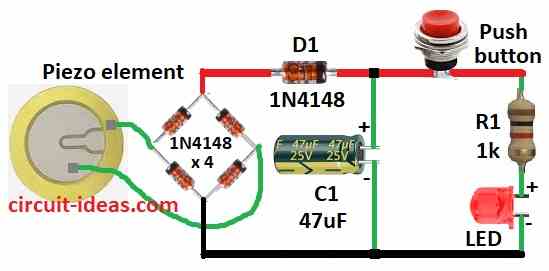 Simple Footstep Electricity Generator Circuit Diagram using Piezo Transducer