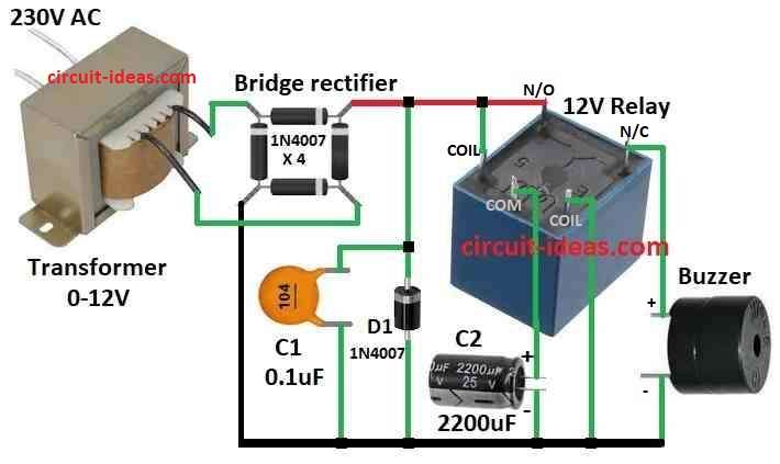 Mains AC Power Supply Failure Buzzer(Alarm) Circuit Diagram