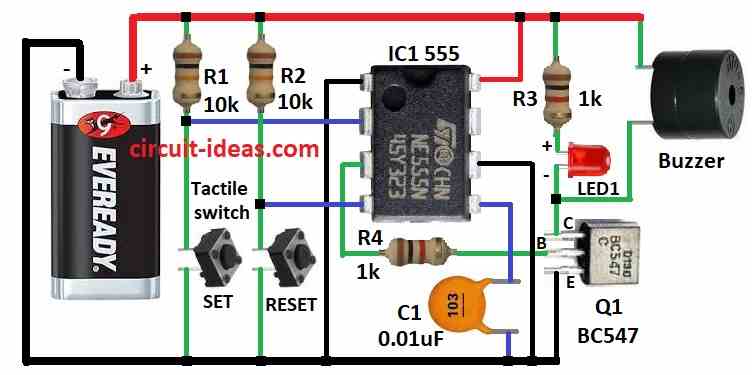 Simple Panic Alarm Button Circuit Diagram using IC 555