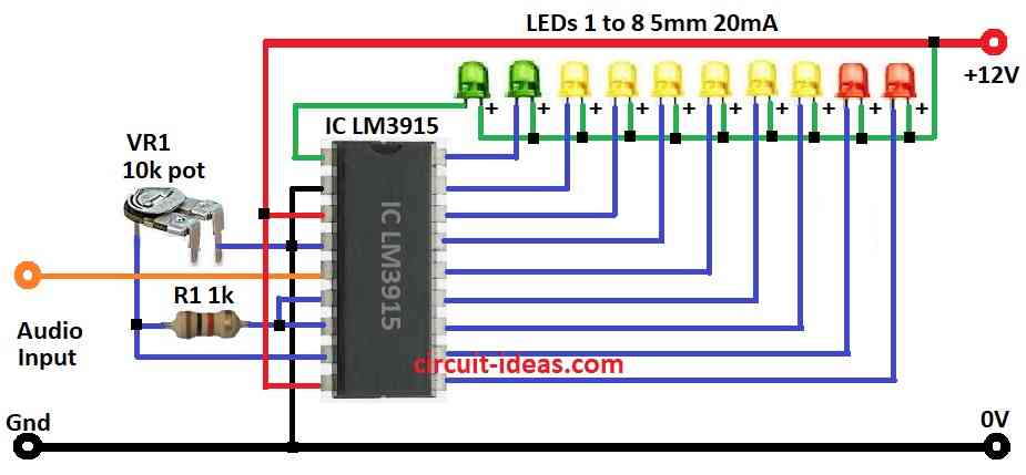 Simple Audio Level Indicator Circuit Diagram using IC LM3915