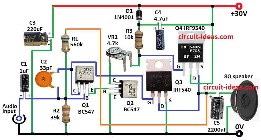 Simple 10 Watts MOSFET Audio Amplifier Circuit Diagram