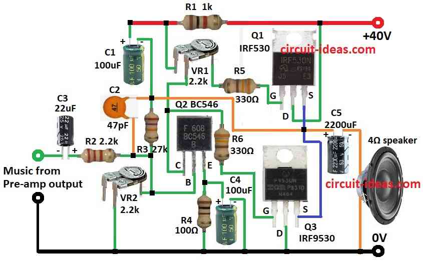 Simple 18 Watt MOSFET Amplifier Circuit Diagram