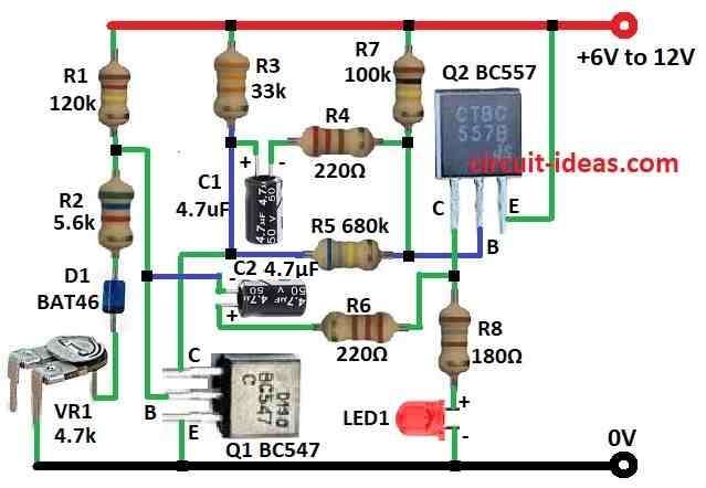 Battery Status Indicator Circuit Diagram using Flashing LED