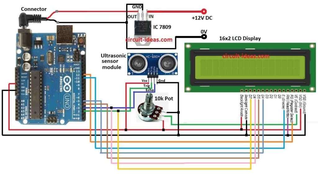 Distance Measurement Circuit Diagram using Ultrasonic Sensor and Arduino