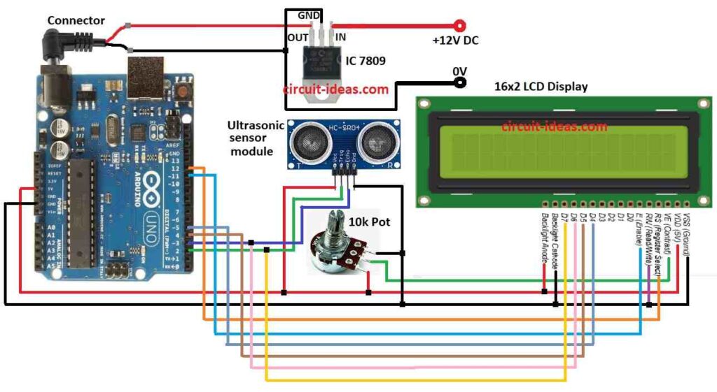 Distance Measurement Circuit Diagram using Ultrasonic Sensor and Arduino