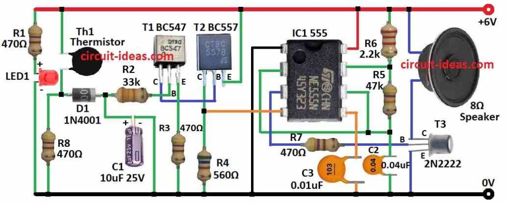 Simple Fire Alarm Circuit  Diagram using Thermistor and IC 555