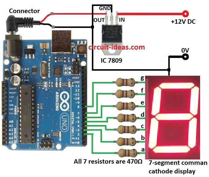 Interfacing a 7-Segment Display Circuit Diagram with Arduino UNO