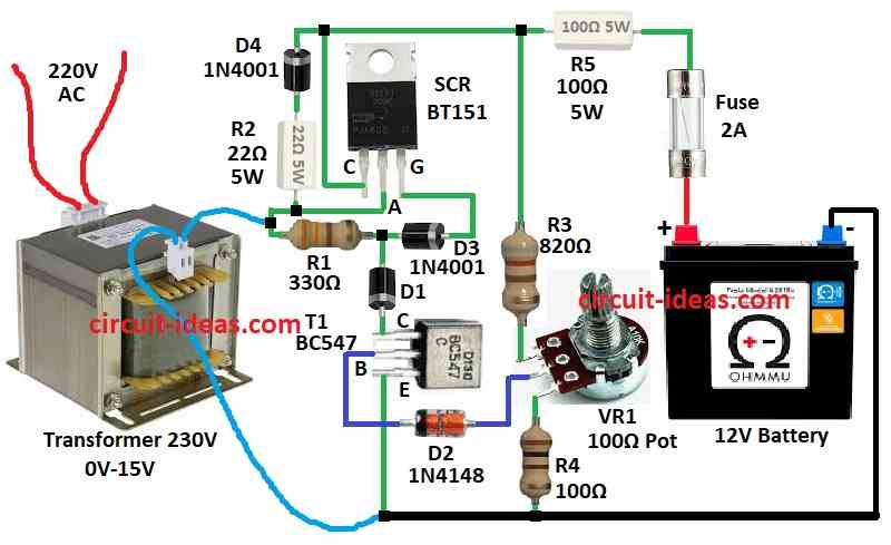 Simple Battery Charger Circuit Diagram using SCR