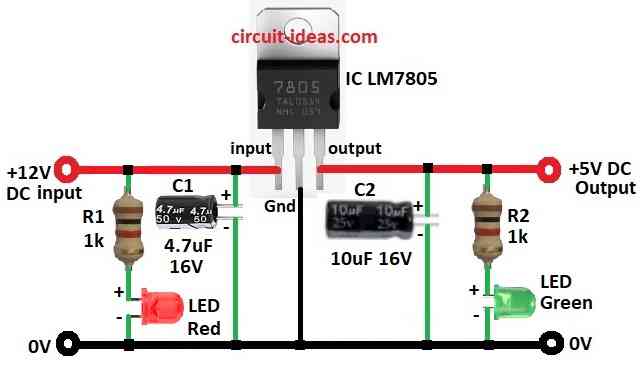 12V to 5V Converter Circuit Diagram using LM7805 with LED