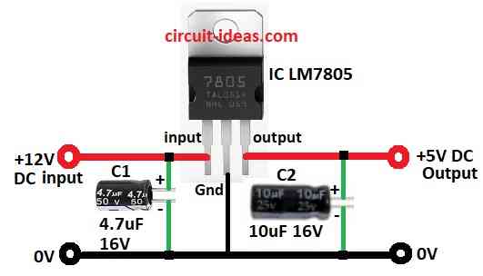 12V to 5V Converter Circuit Diagram using LM7805 IC