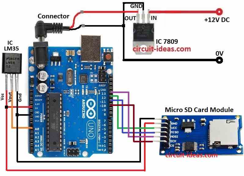 Simple Micro SD Card Data Logging Circuit Diagram with Arduino UNO