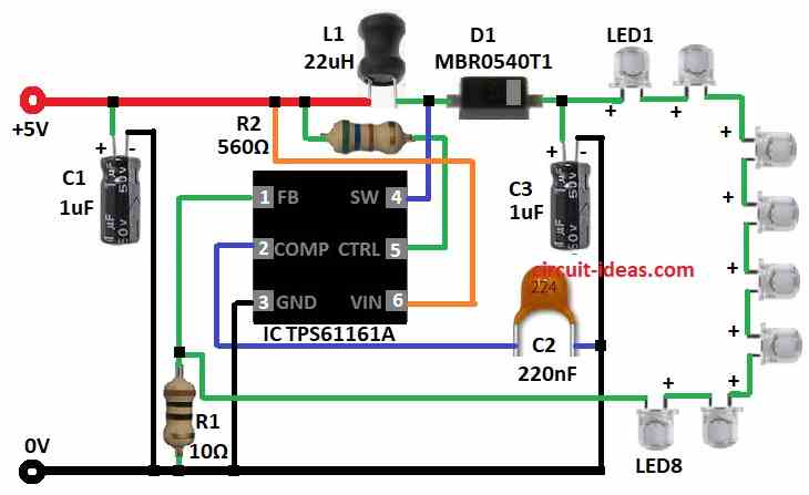 Simple White LED Driver Circuit Diagram using TPS61161A