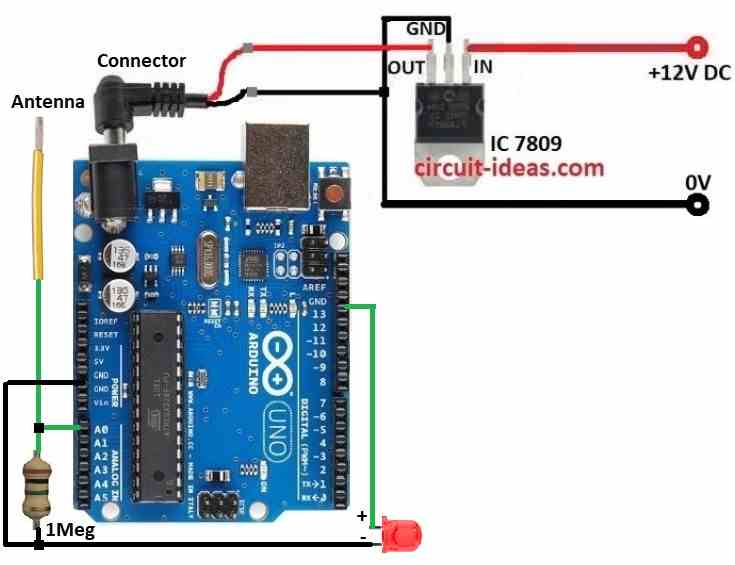 Simple Arduino Based Electromagnetic Field Detector Circuit Diagram