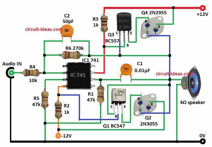 12 Watts Amplifier Circuit Diagram using Transistors