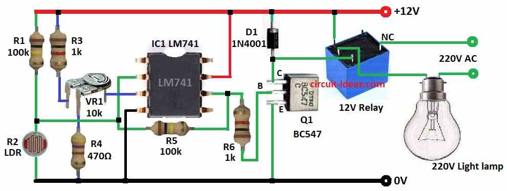 Building an Auto Street Light Circuit  Diagram using IC 741 and Transistor