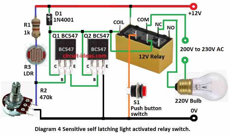 sensitive self latching light activated switch circuit