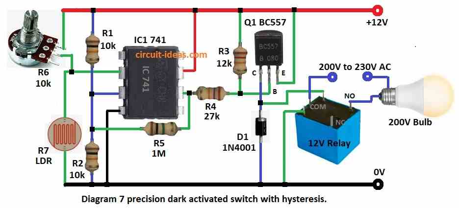 precision dark activated switch with hysteresis circuit