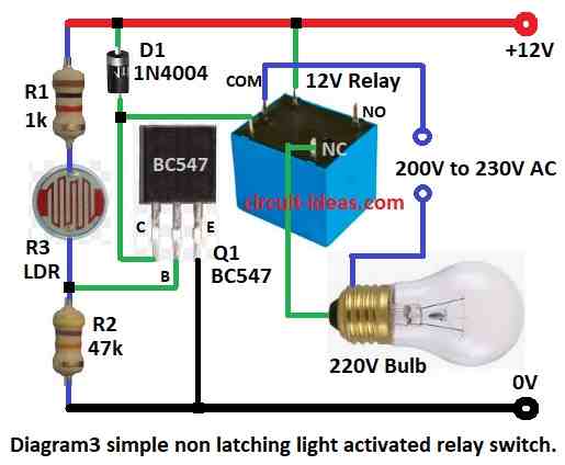 simple non latching light activated relay switch circuit