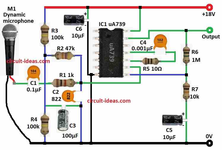 Dynamic Microphone Preamplifier Circuit using IC uA739