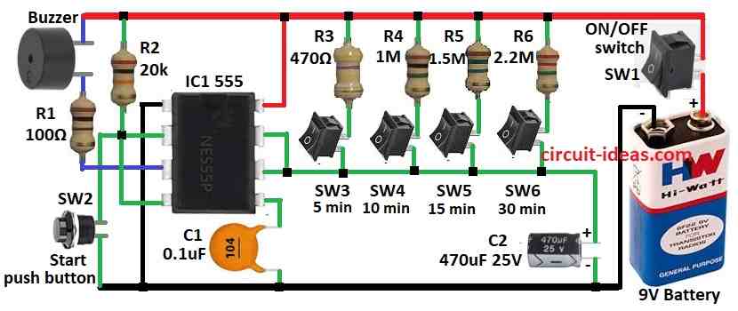 Easy DIY Timer Alarm Circuit Diagram with 555 IC