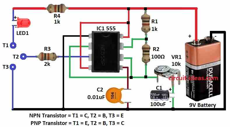 Simple 555 Timer Based Transistor Tester Circuit Diagram