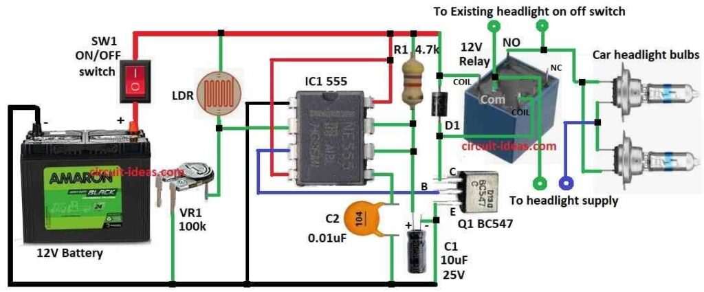 Smart Headlight Automation Circuit Diagram using IC 555