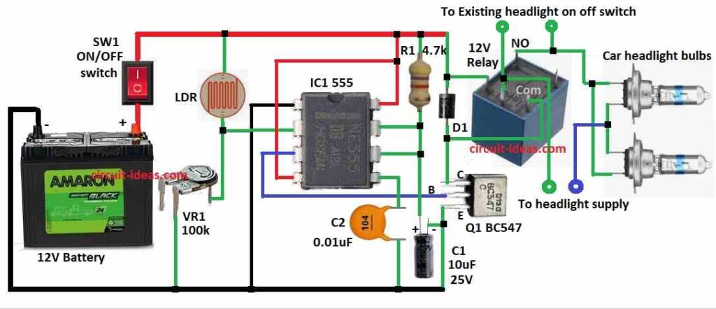 Smart Headlight Automation Circuit Diagram using IC 555