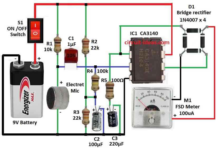 Sound Pressure Level Meter Circuit Diagram using IC CA3140