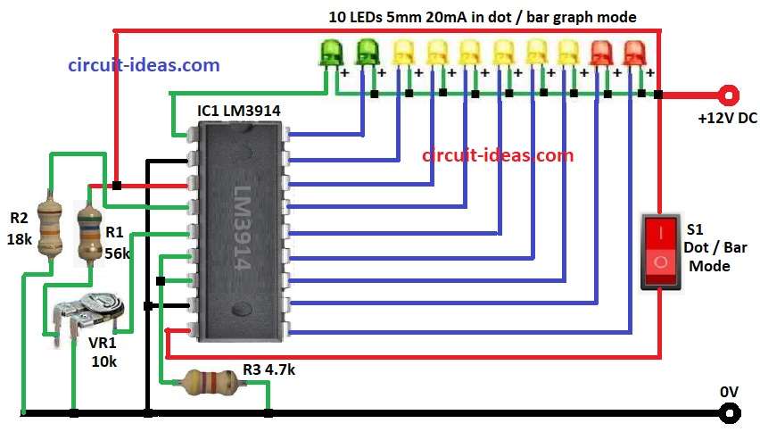 12V Battery Level Indicator Circuit Diagram using IC LM3914