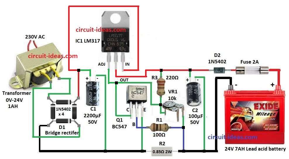 24V Battery Charger Circuit Diagram for Lead Acid Batteries with IC LM317