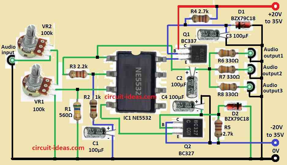 Audio Signal Distributor Circuit Diagram with Three Outputs