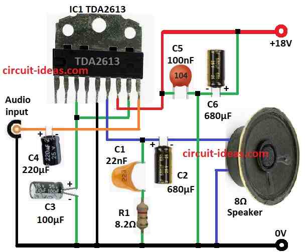 Efficient 6 Watt Audio Amplifier Circuit Diagram with IC TDA2613