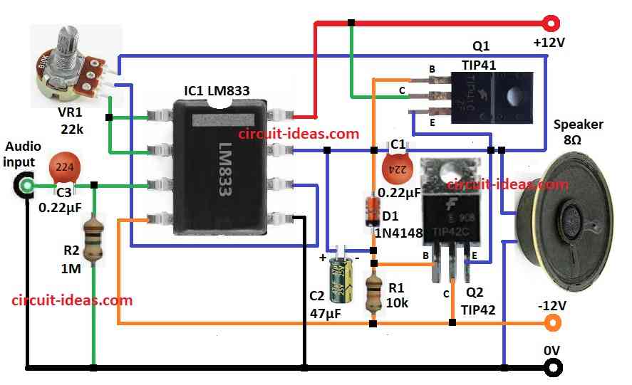 Simple 15W Class B Audio Amplifier Circuit Diagram