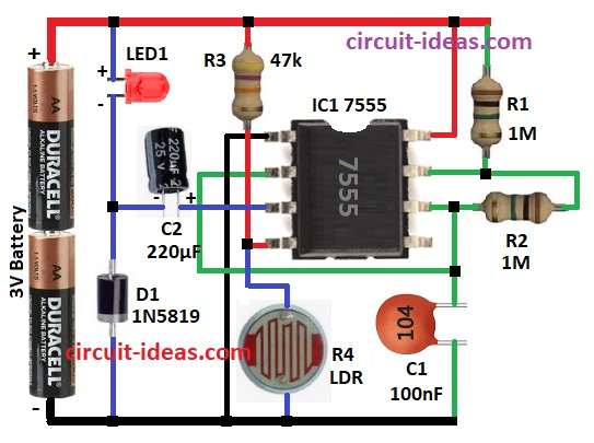 Simple Automatic Night Lamp Circuit Diagram using Battery Power