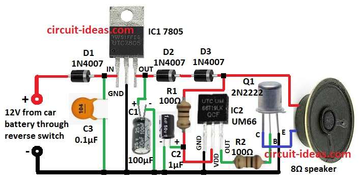 Simple Car Reverse Horn with Musical Tone Circuit Diagram