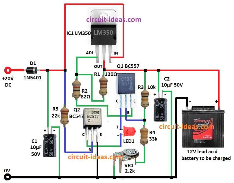 Simple Lead Acid Battery Charger Circuit Diagram using IC LM350