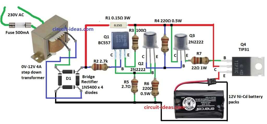 Simple Ni-Cd Battery Charger Circuit Diagram using Transistors