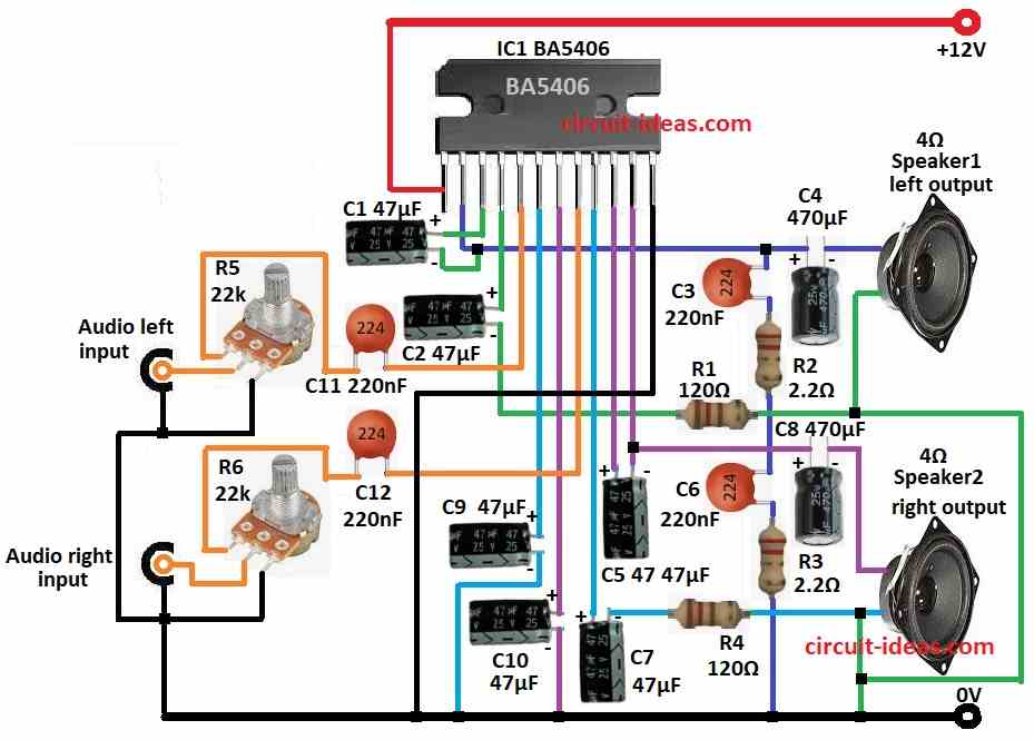 Simple Stereo Amplifier Circuit Diagram using IC BA5406