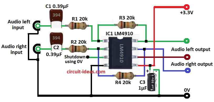 Simple Stereo Headphone Amplifier Circuit Diagram using IC LM4910